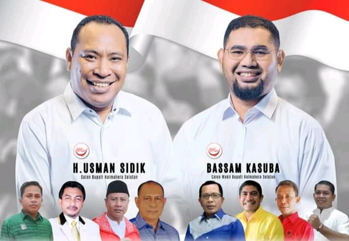 Balon Bupati dan Wakil Bupati Halsel Periode 2021-2026 nomor urut 2 Usman Sidik dan Hasan Ali Bassam Kasuba (Usman-Bassam) serta foto 9 ketua-ketua partai politik pendung. (istimewa)