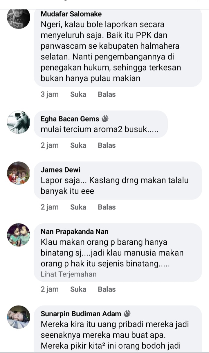 Hasil tangkapan layar yakni tanggapan dan komentar berita terkait pengakuan pemotongan honor PPS dan staf sekertariat oleh PPK Pulau Makian.