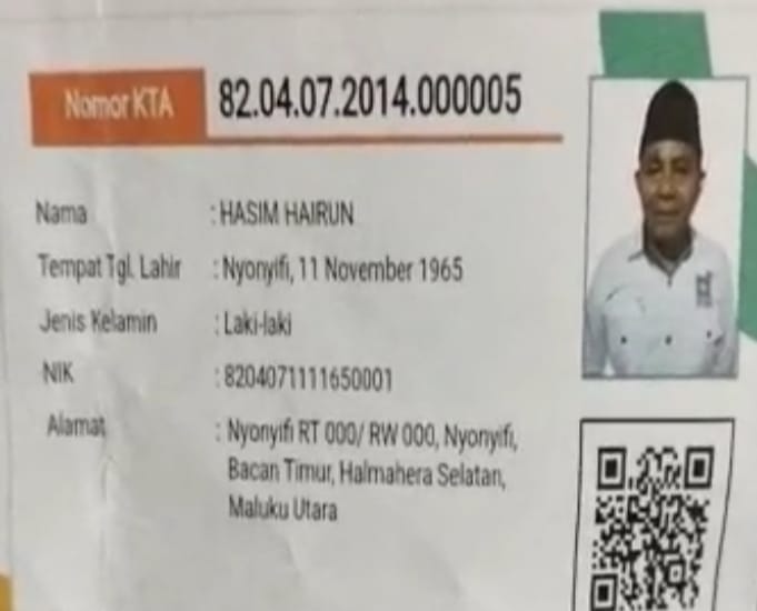 Kartu Tanda Anggota (KTA) pengurus DPC PKB Halsel Hasim Hairun (foto//istimewah)