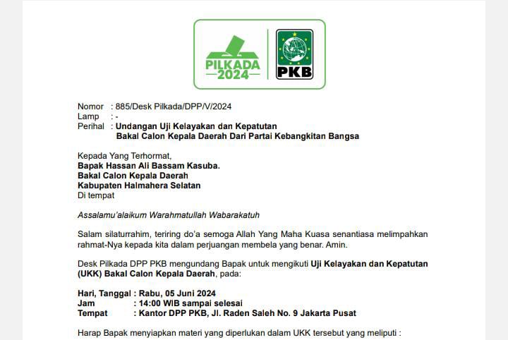 Udangan DPP PKB untuk calon bupati Halsel incumbent Bassam Kasuba
