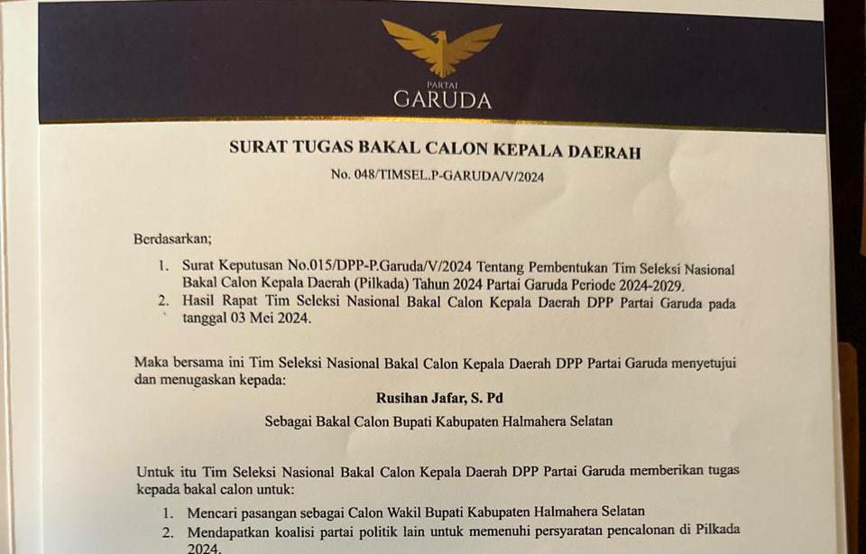 DPP Partai Garuda Tusaskan Rusihan Jafar Calon Bupati Halsel (Acul//NMG)