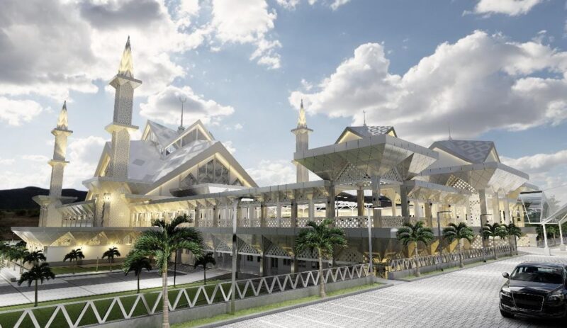 Nampak sisi kiri Masjid Agung Alkhairat Halsel jika rampung nanti (desain//Disperkim) 